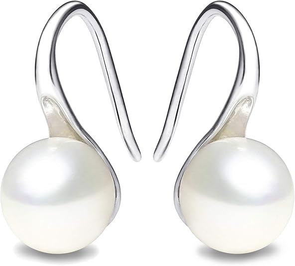 925 Sterling Silver Hoop Handpicked AAA+ Quality 7.5-8mm White Freshwater Cultured Pearl Dangle Drop Earrings Jewelry for Women